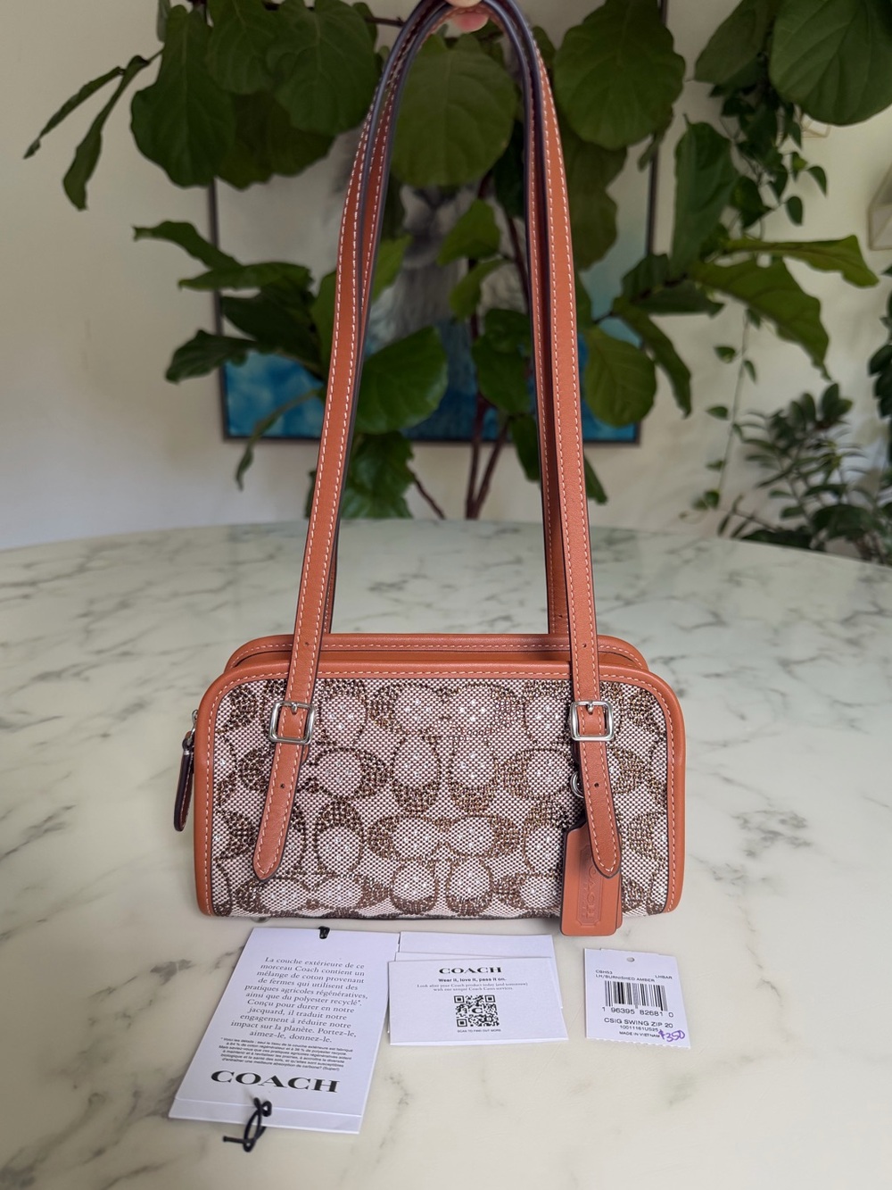NWOT Coach Swing Zip Bag 20 In Crystal Signature Jacquard CBH53 Burnished Amber